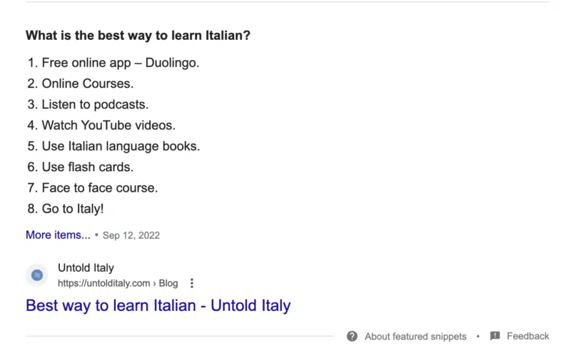 Featured snippet result for "how to learn Italian", featuring only one website.