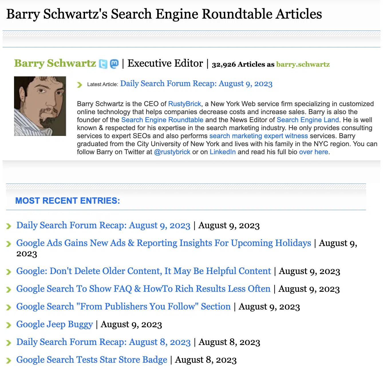 Barry Schwartz's author page on Search Engine Roundtable